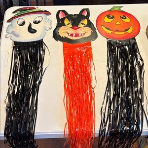 Vintage Halloween die cut pumpkin cat ghost with plastic streamers